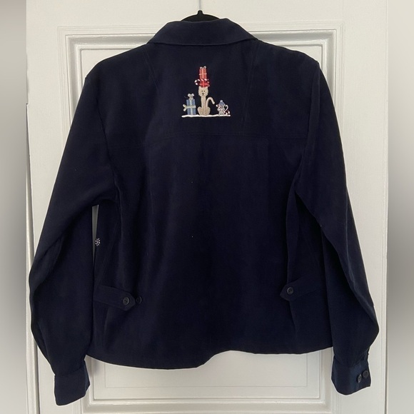 Christopher Banks Cat Snowman Embroidered Holiday Christmas Navy Vintage Blouse - Picture 7 of 14